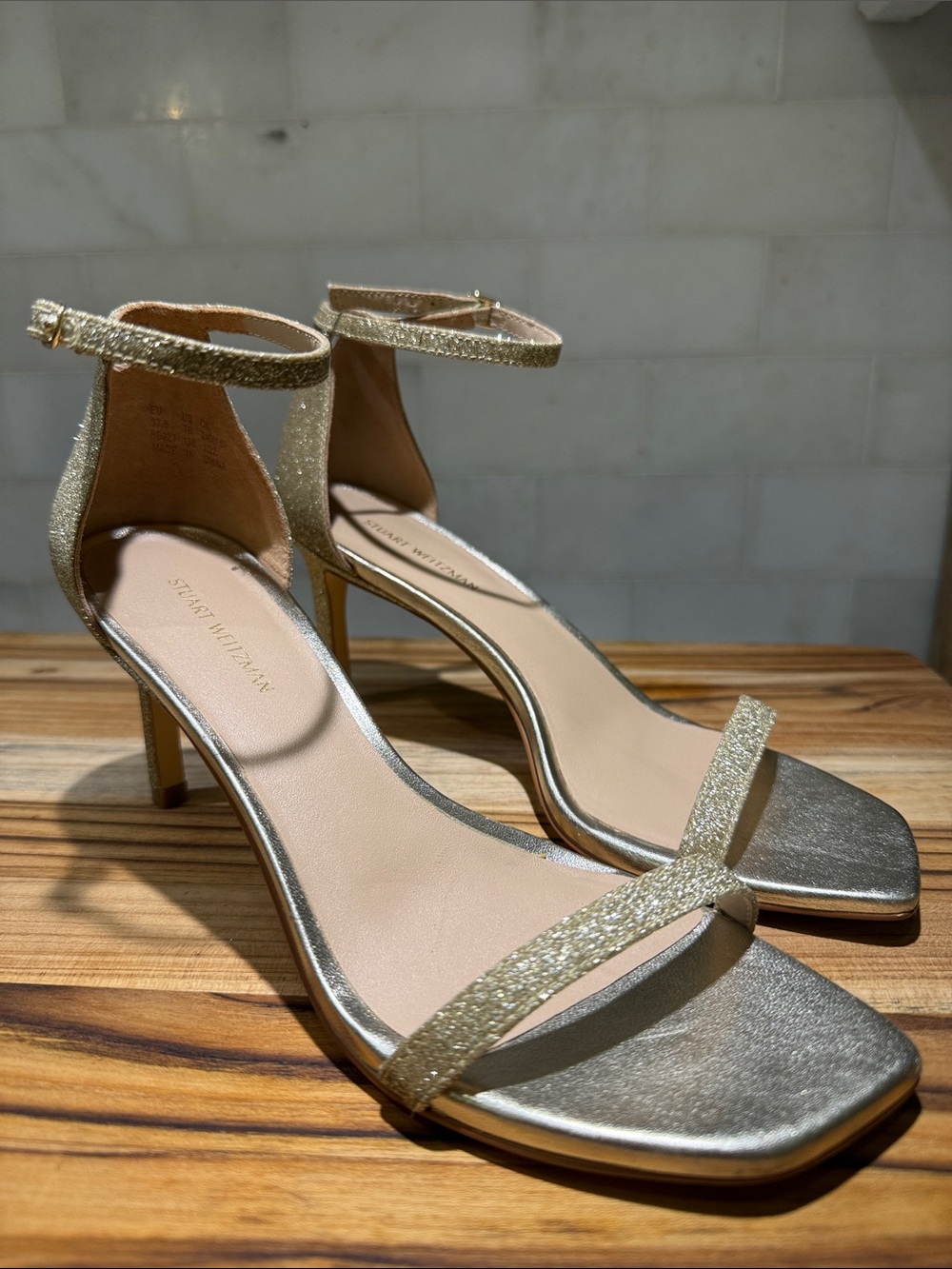 Stuart Weitzman Gold Glitter Ankle-Strap Stiletto Sandals